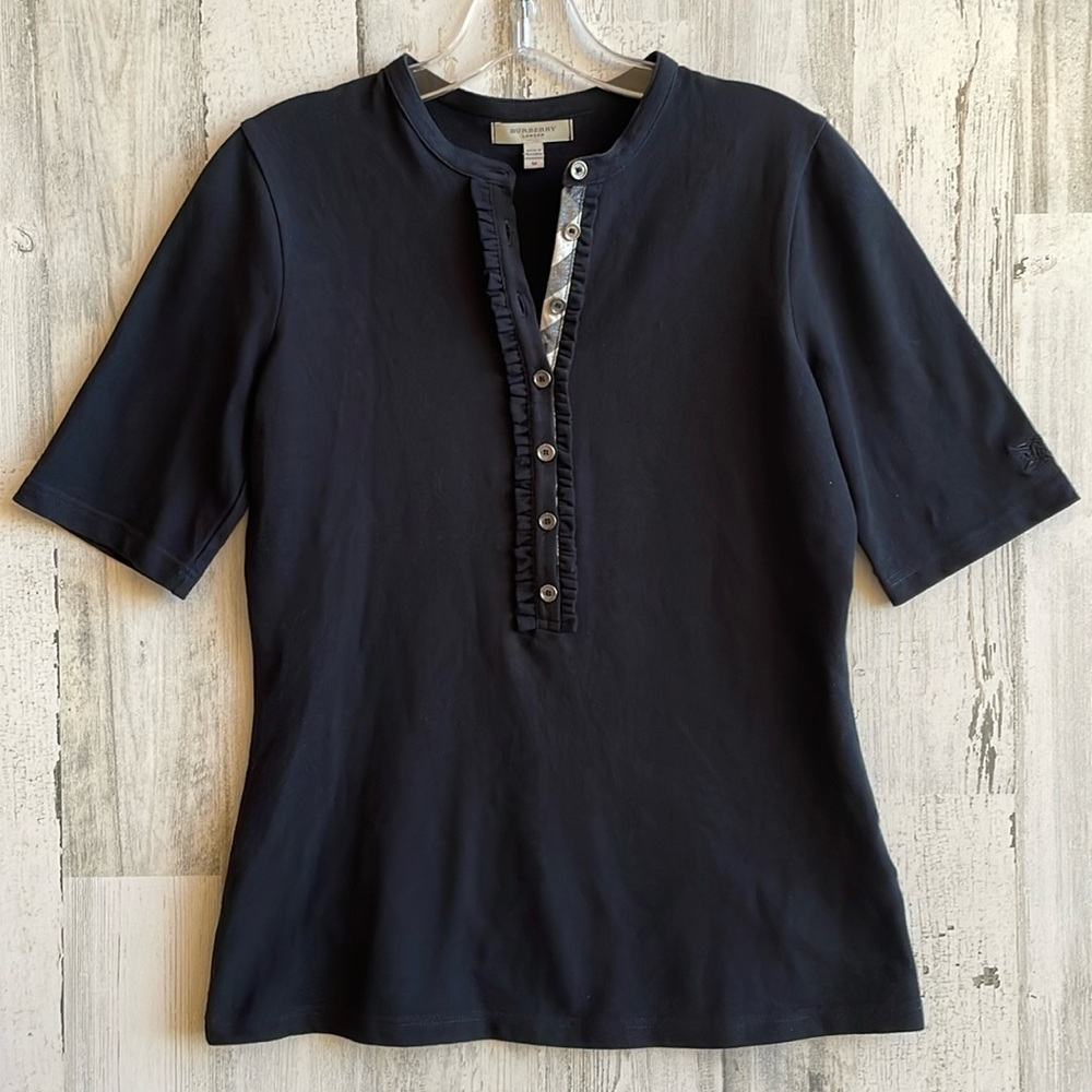 Burberry Black Short-Sleeve Ruffle-Trim Button Top M EUC
